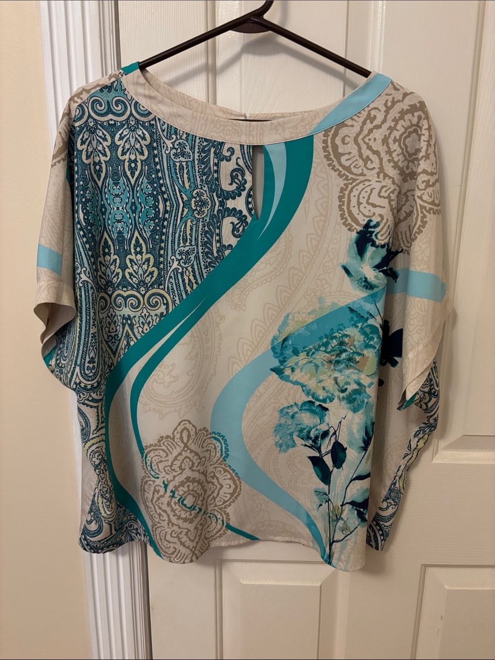 Chico's Teal, Aqua and Cream Floral Paisley Blouse